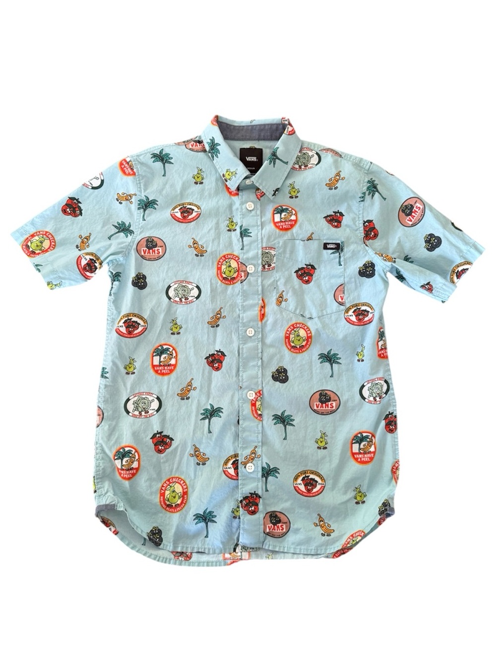 Vans Off The Wall
"Have a Peel" Stickers Woven Short-Sleeve Button-Up Shirt Sz M